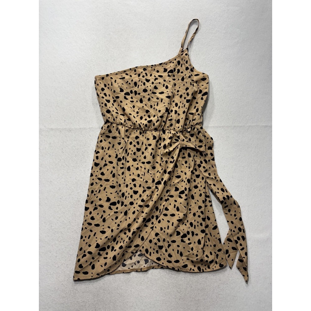 SheIn Dress Womens Large Beige Animal Print One Shoulder Wrap Tie Mini Party